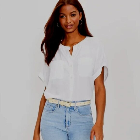 Ann Taylor LOFT Dolman Henley Everyday Shirt Sz M White #338C - Picture 2 of 10